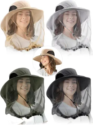 4 Pieces Mosquito Net Hat Bug Cap Mesh Head Net Hats Removable Hidden Netting Face Cover Sun Protection Beach Hat Safari Bucket Fishing Hat for Women