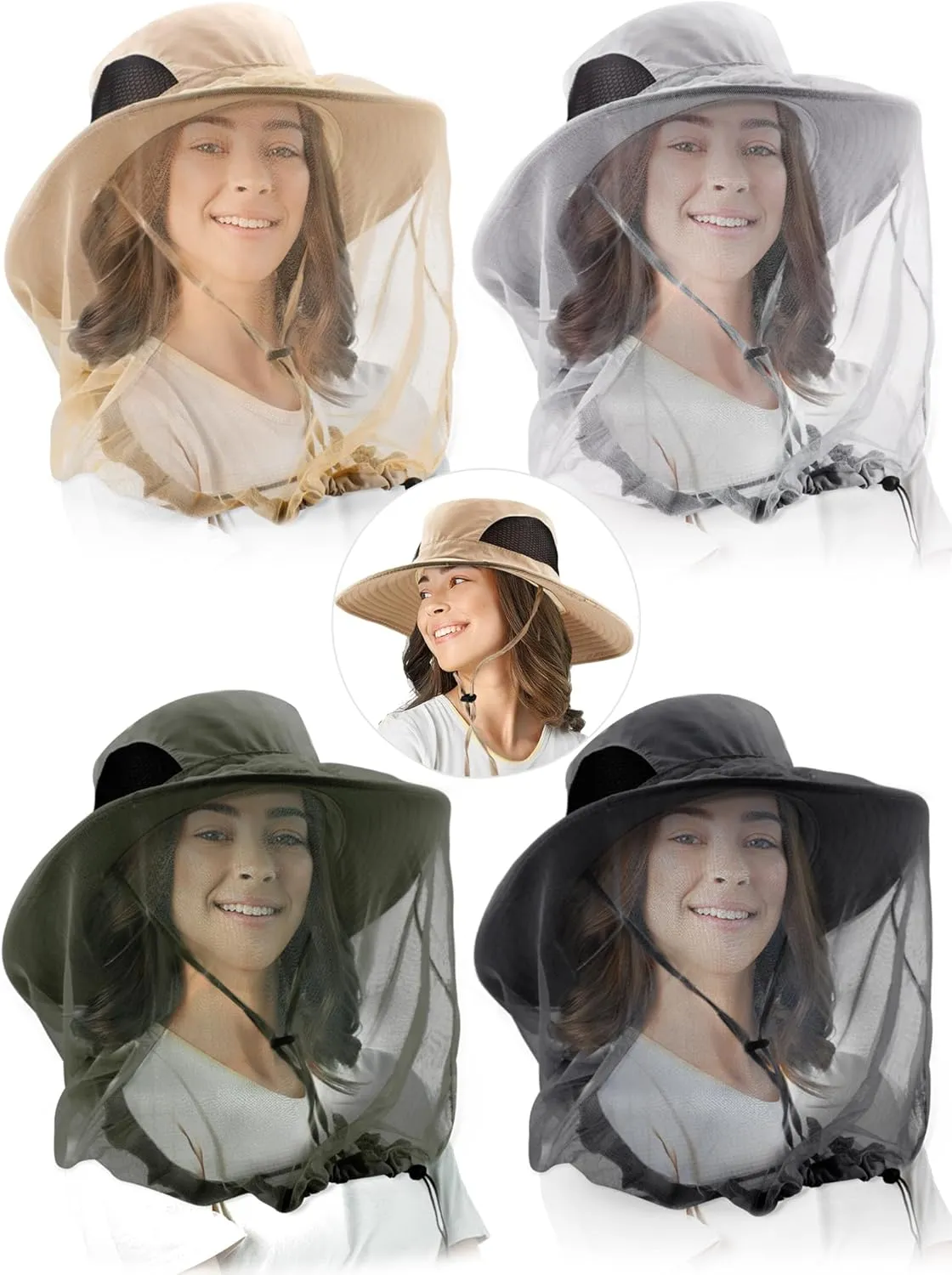4 Pieces Mosquito Net Hat Bug Cap Mesh Head Net Hats Removable Hidden Netting Face Cover Sun Protection Beach Hat Safari Bucket Fishing Hat for Women