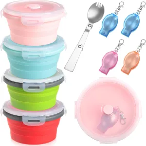 4 Set Collapsible Bowls with Lids Foldable Fork Camping Salad Bowl with Lid Food Storage Containers Set for Travel Picnic Utensils(41 oz,Bright Colors)