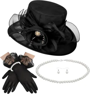 5 Pcs Derby Fascinator Hat Gloves Set for Women Tea Party with Pearl Necklace Bracelet and Earring