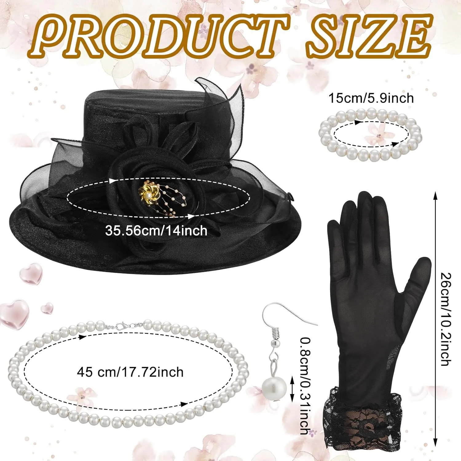 5 Pcs Derby Fascinator Hat Gloves Set for Women Tea Party with Pearl Necklace Bracelet and Earring