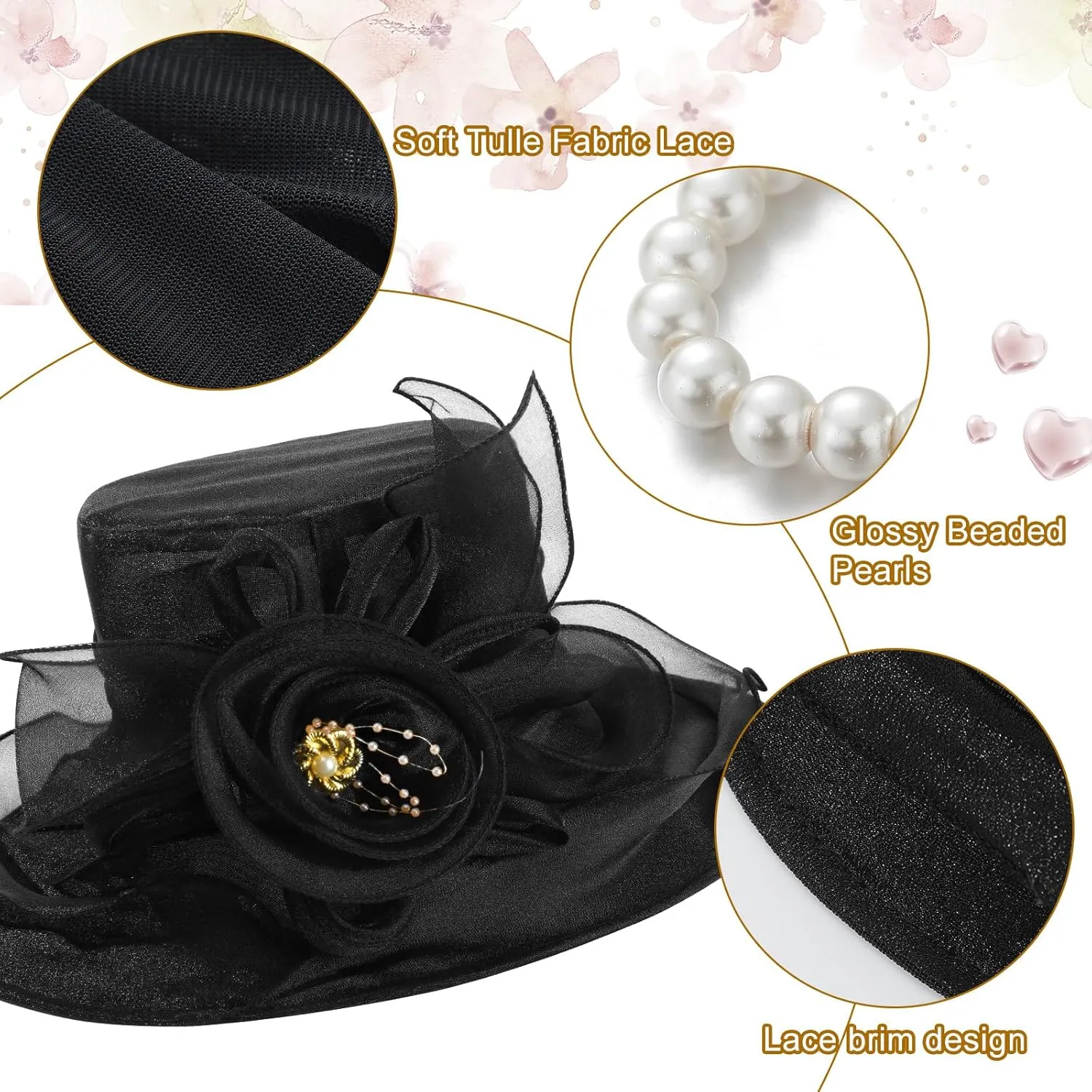 5 Pcs Derby Fascinator Hat Gloves Set for Women Tea Party with Pearl Necklace Bracelet and Earring