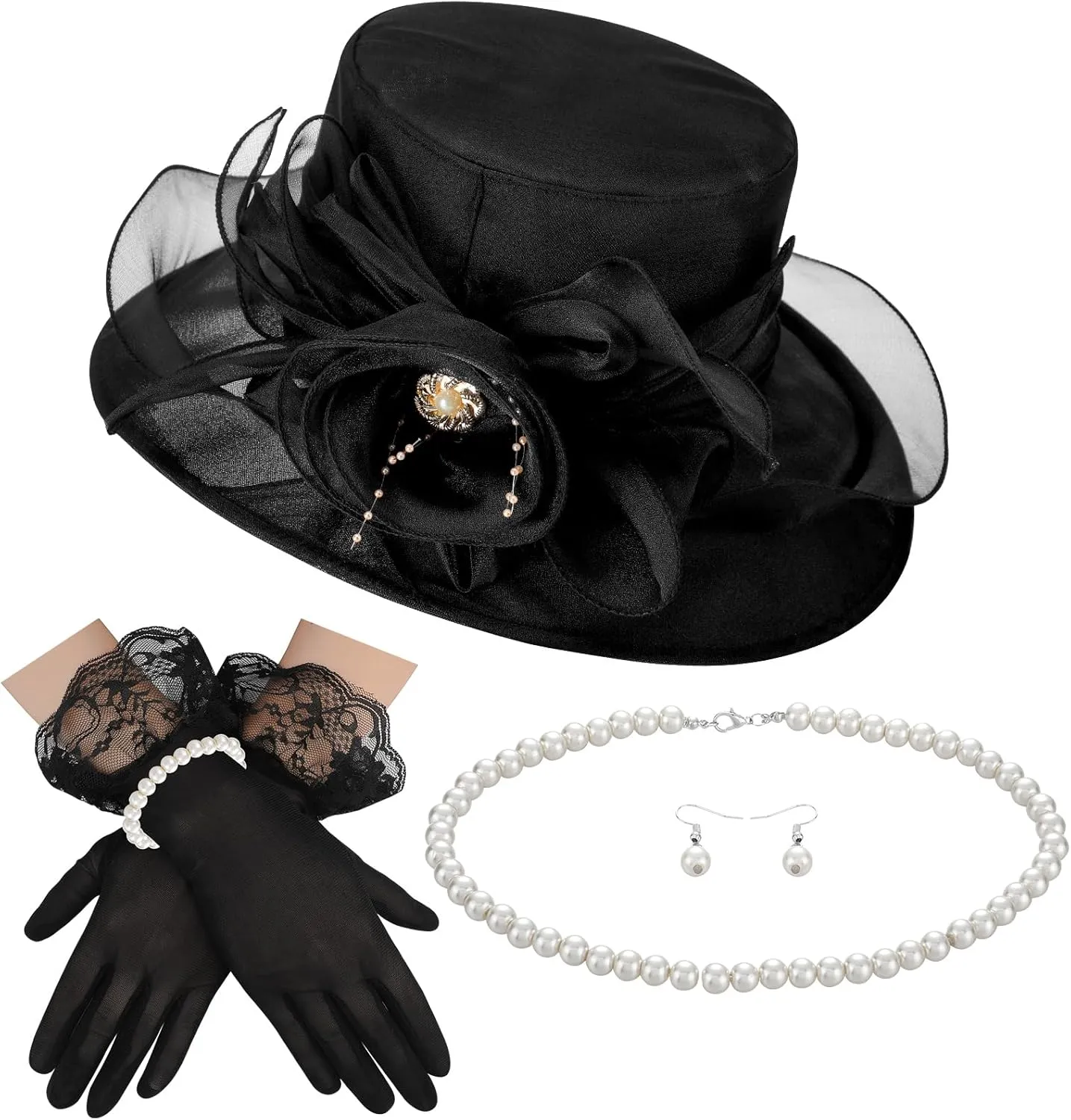 5 Pcs Derby Fascinator Hat Gloves Set for Women Tea Party with Pearl Necklace Bracelet and Earring