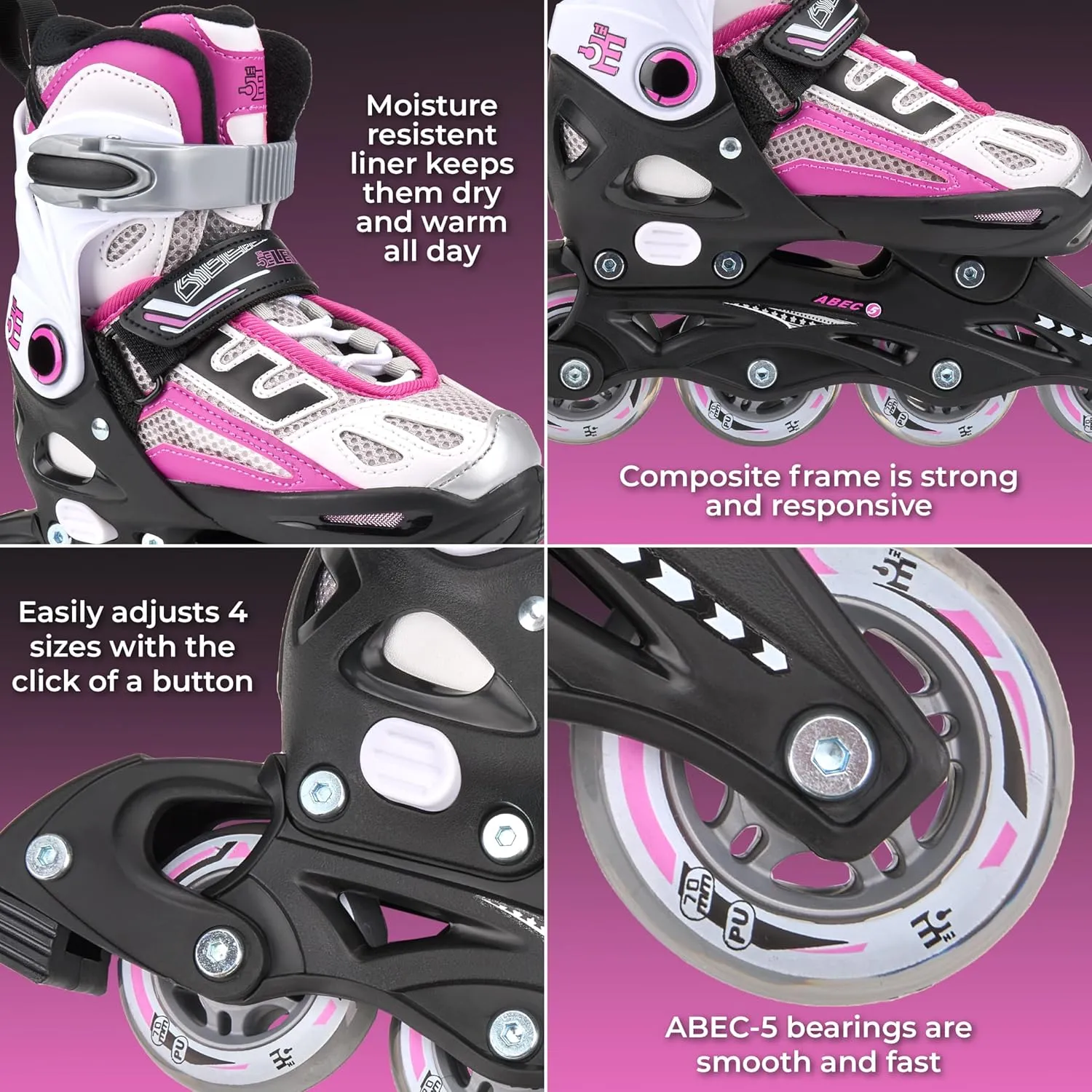 5th Element Kids Adjustable Inline Skates for Boys and Girls with Ankle Support Roller Skates-Includes Skate Bag