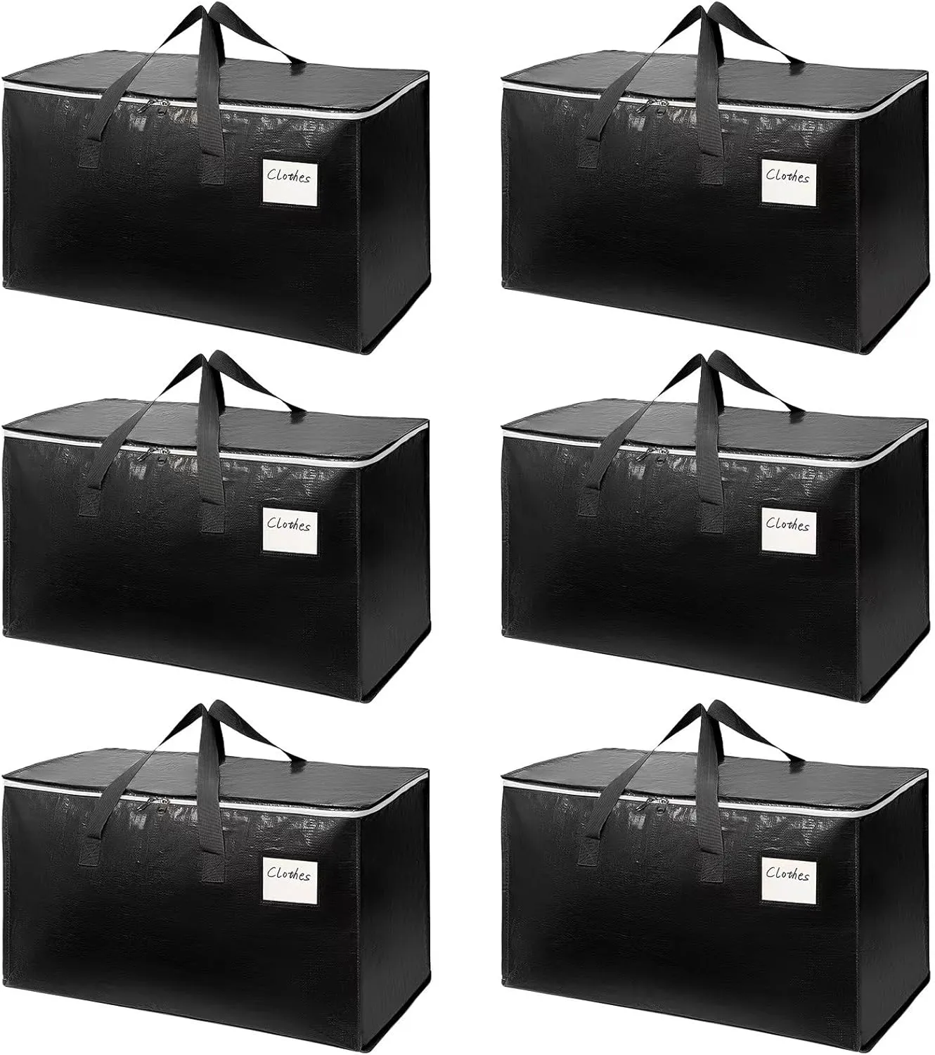 6-Pack Extra-Large Heavy-Duty Storage Totes with Reinforced Handles, Durable Zippers & Waterproof Material — Perfect for Space-Saving, Moving, Shipping and Travel (Black)