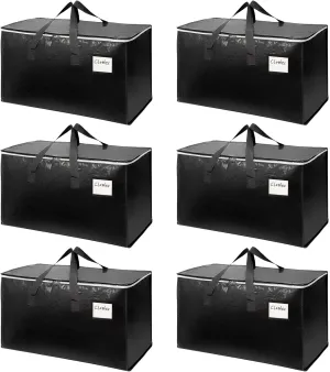 6-Pack Extra-Large Heavy-Duty Storage Totes with Reinforced Handles, Durable Zippers & Waterproof Material — Perfect for Space-Saving, Moving, Shipping and Travel (Black)