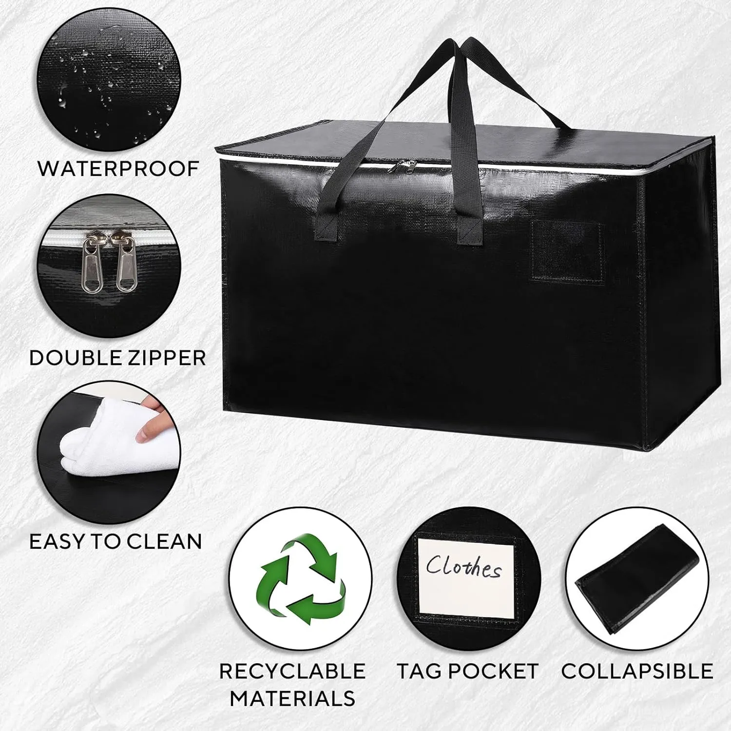 6-Pack Extra-Large Heavy-Duty Storage Totes with Reinforced Handles, Durable Zippers & Waterproof Material — Perfect for Space-Saving, Moving, Shipping and Travel (Black)