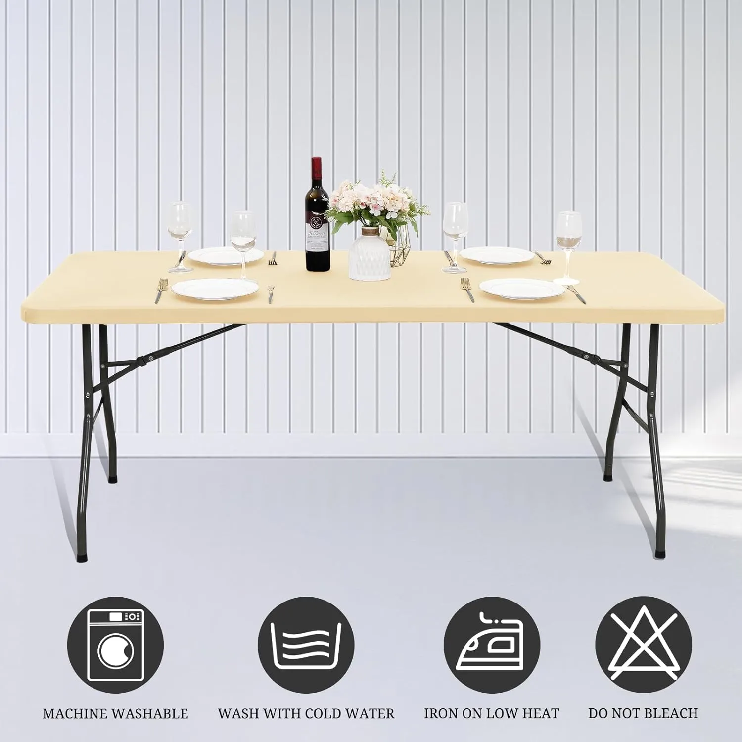 6 Pack Stretch Fabric Table Top Cap Cover, fits 6' Tables, Spandex Table Covers Washable Elastic Rectangle Tablecloth Protector for Indoor Outdoor Party Picnic Wedding, Beige, 30" W x 72" L