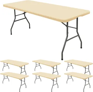 6 Pack Stretch Fabric Table Top Cap Cover, fits 6' Tables, Spandex Table Covers Washable Elastic Rectangle Tablecloth Protector for Indoor Outdoor Party Picnic Wedding, Beige, 30" W x 72" L