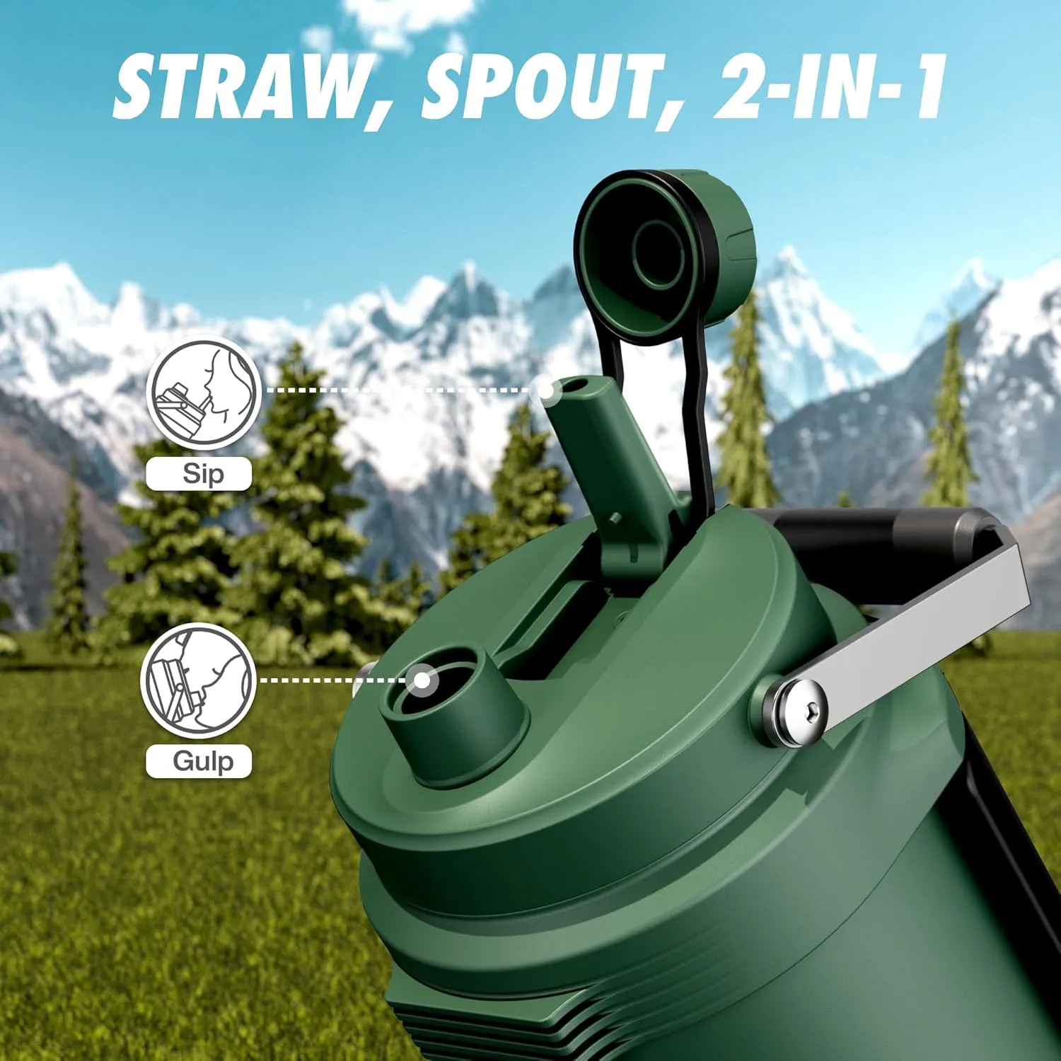 64oz Insulated Water Bottle for Outdoors: 2-in-1 Straw Spout Lid, Dual Handle, Leakproof, Keep Cold 36H, Half Gallon Stainless Steel Water Jug for Sports, Camping, Gym, Work, Beach, Fishing (Forest)