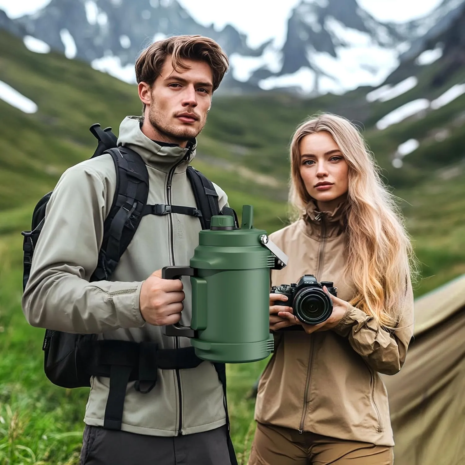 64oz Insulated Water Bottle for Outdoors: 2-in-1 Straw Spout Lid, Dual Handle, Leakproof, Keep Cold 36H, Half Gallon Stainless Steel Water Jug for Sports, Camping, Gym, Work, Beach, Fishing (Forest)