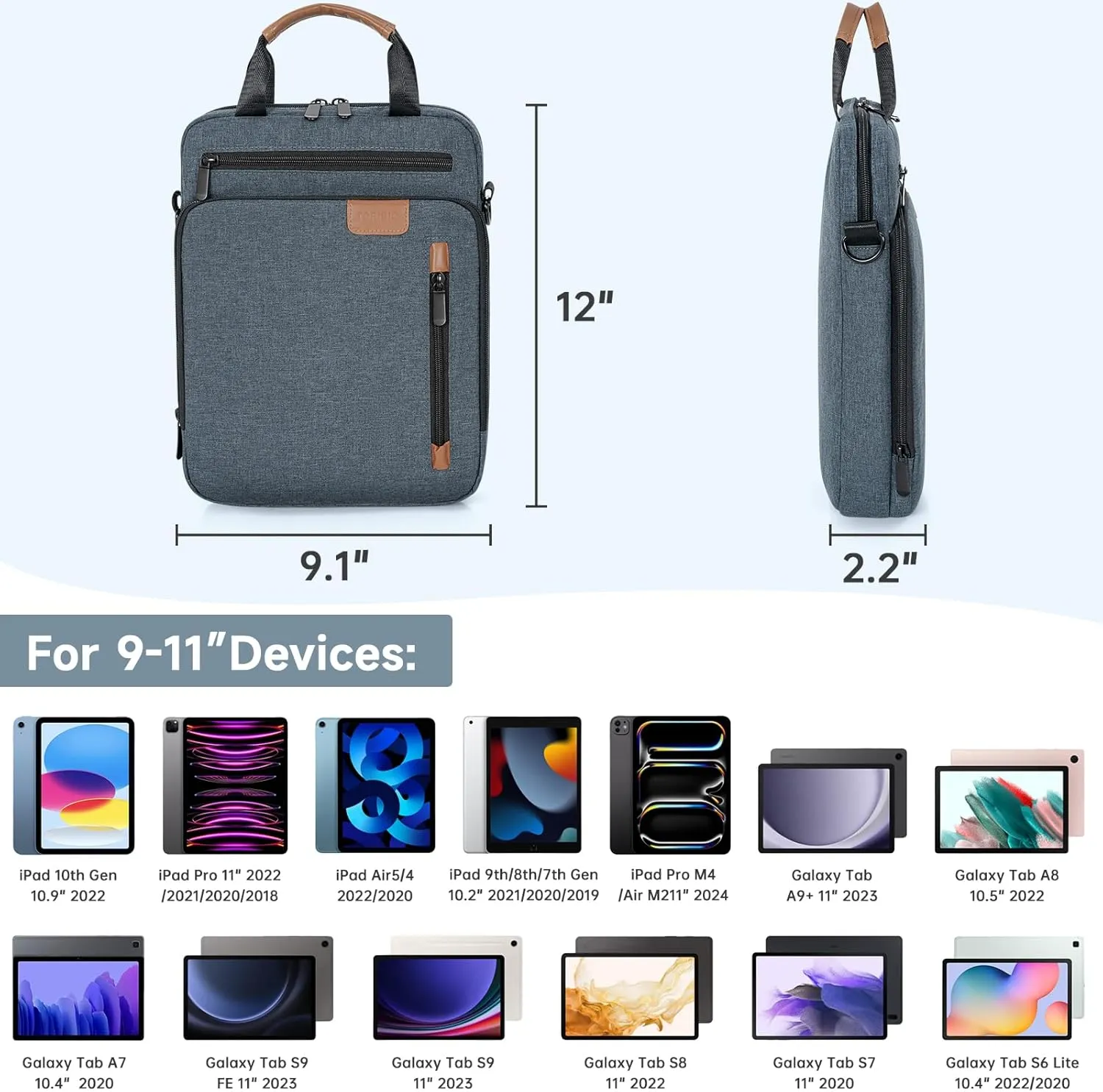 9-11 Inch Tablet Sleeve Bag,Padded Protective Travel Carrying Case for iPad Pro M4 11", iPad Air M2 5/4th 10.9", Air 3th 10.5", iPad 10th 10.9", 9/8/7th 10.2", Samsung Galaxy Tab A9 /A8/A7/S8/S7, Blue