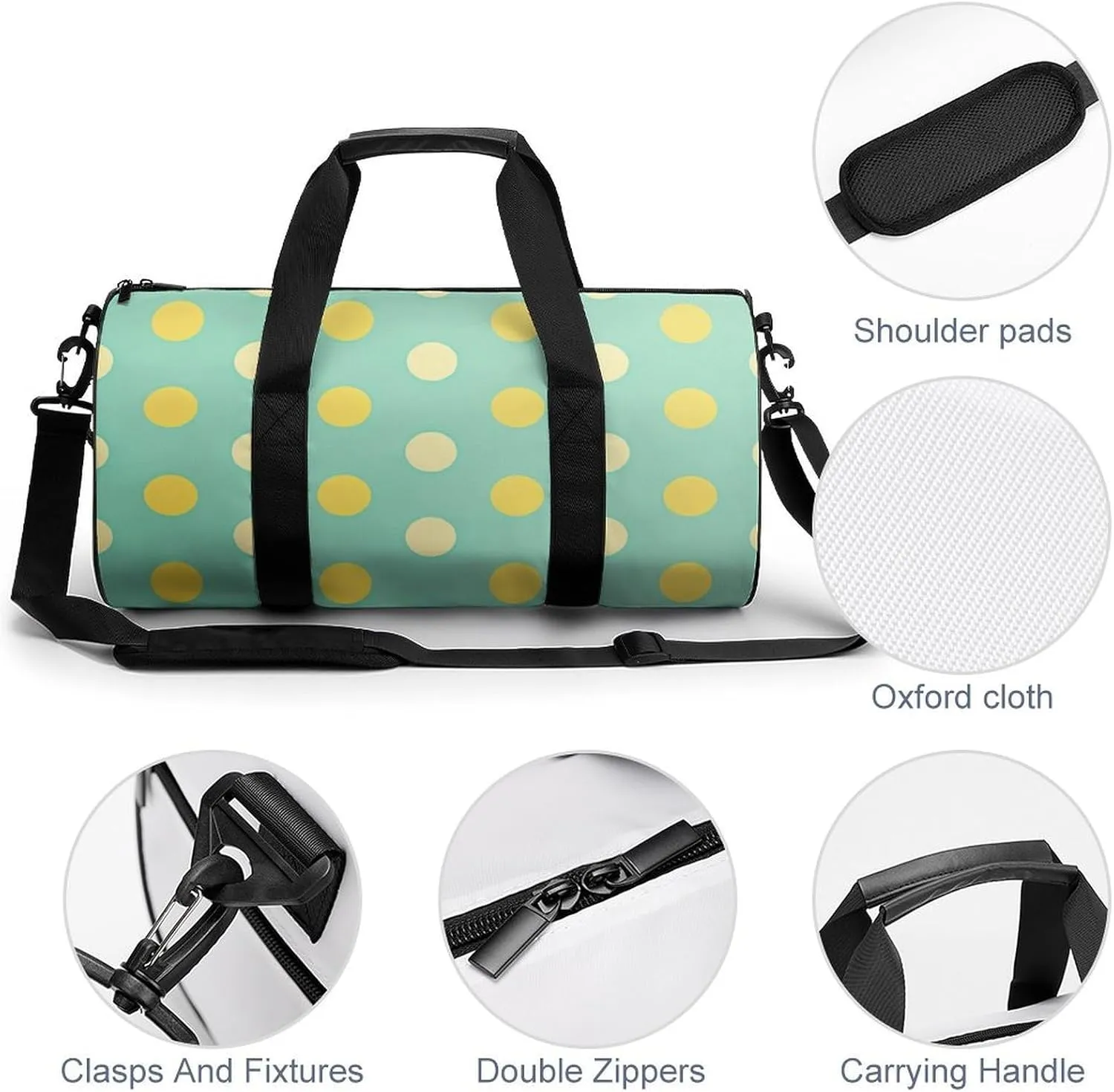 A Whimsical Polka Dot Wallpaper Travel Gym Bag for Women Men Mint Green And Lemon Yellow Cylindrical Duffle Bag Sport Workout Bag with Shoulder Strap