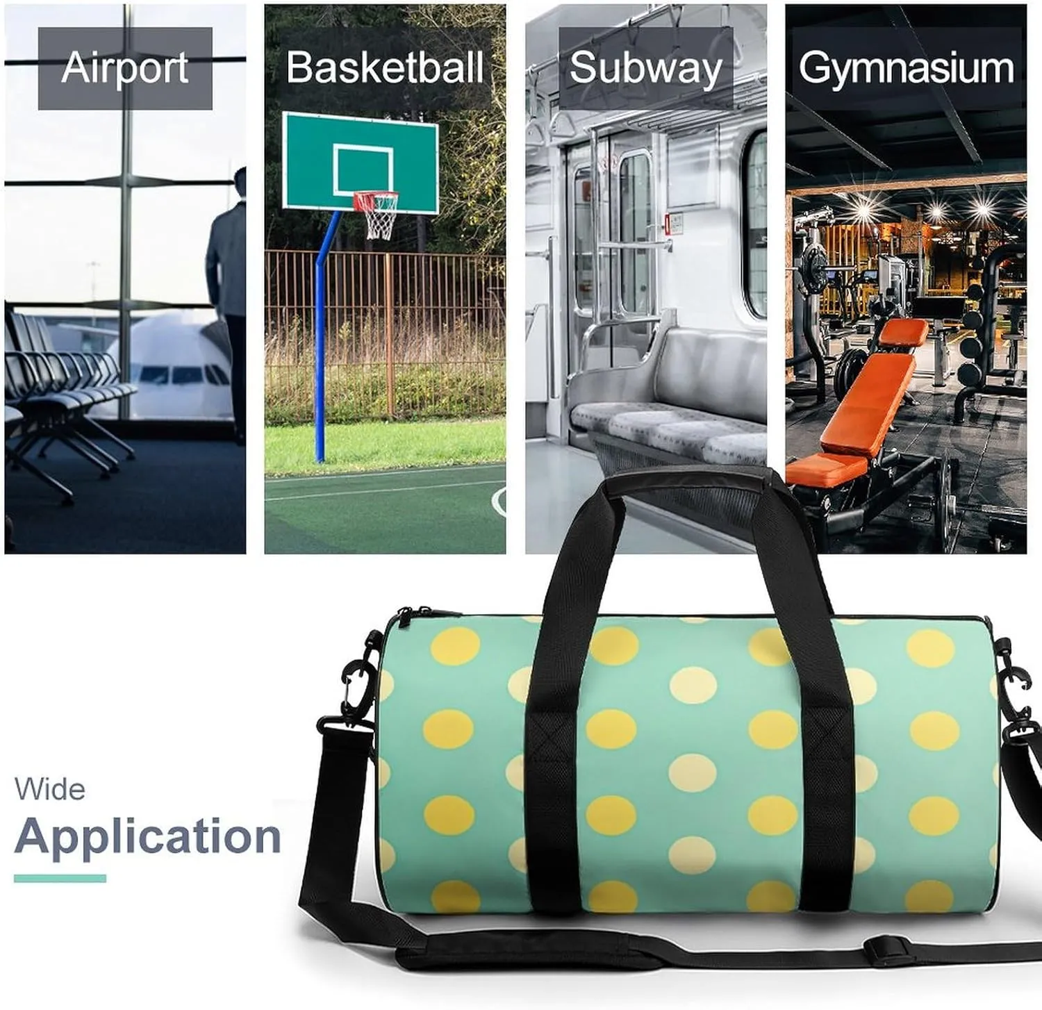 A Whimsical Polka Dot Wallpaper Travel Gym Bag for Women Men Mint Green And Lemon Yellow Cylindrical Duffle Bag Sport Workout Bag with Shoulder Strap