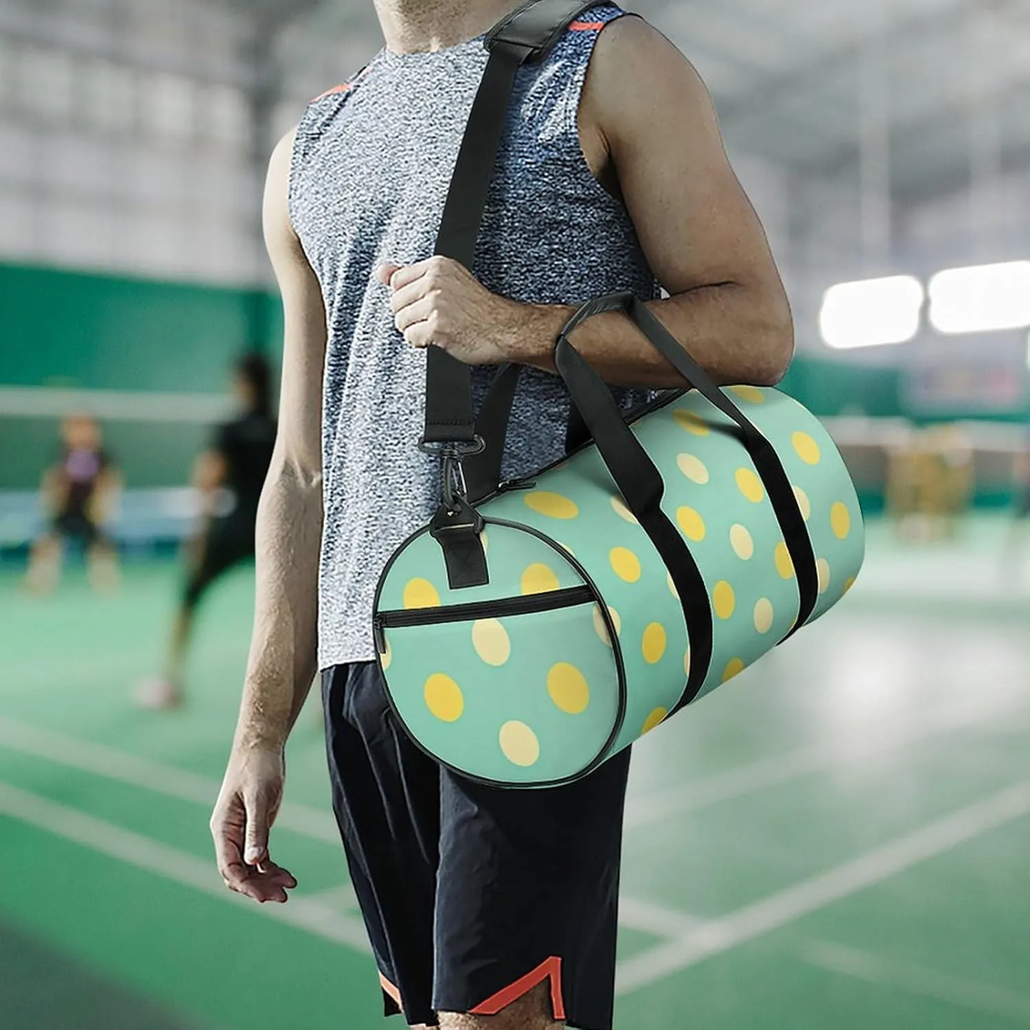 A Whimsical Polka Dot Wallpaper Travel Gym Bag for Women Men Mint Green And Lemon Yellow Cylindrical Duffle Bag Sport Workout Bag with Shoulder Strap