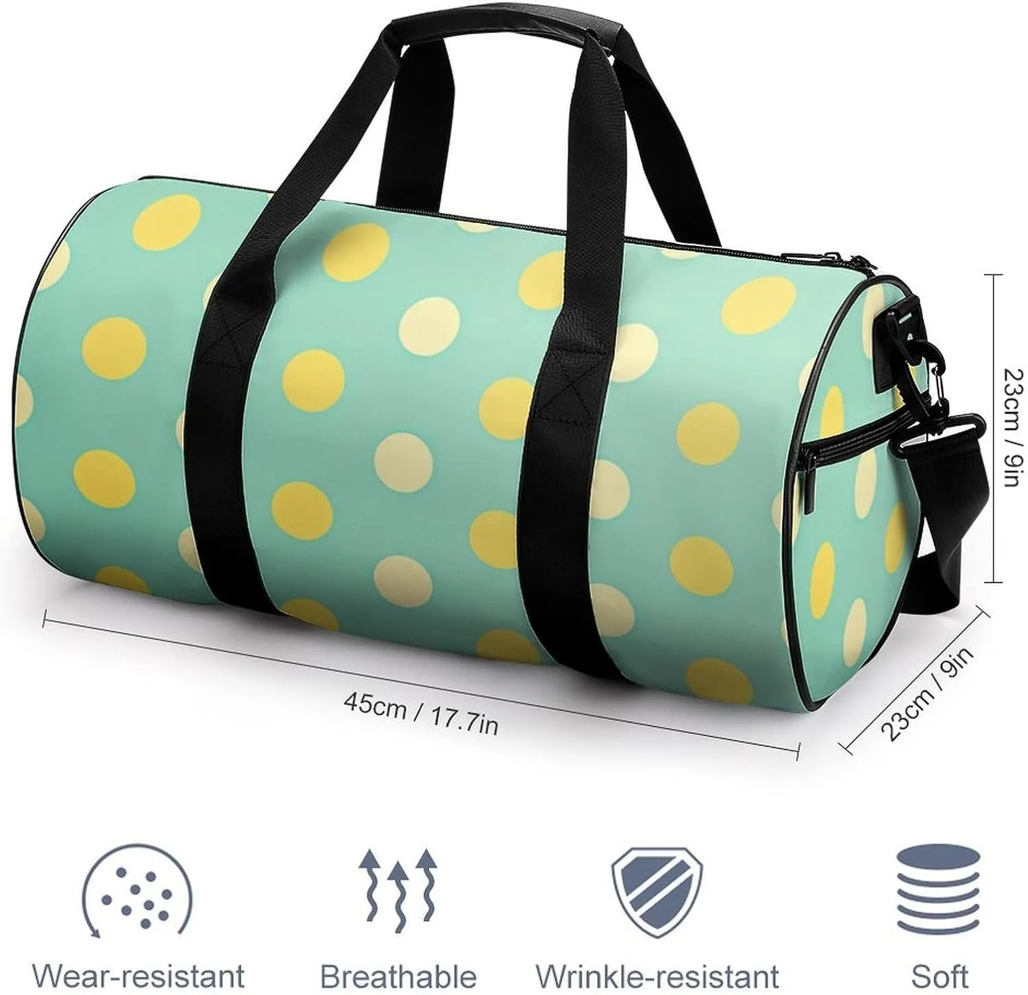 A Whimsical Polka Dot Wallpaper Travel Gym Bag for Women Men Mint Green And Lemon Yellow Cylindrical Duffle Bag Sport Workout Bag with Shoulder Strap