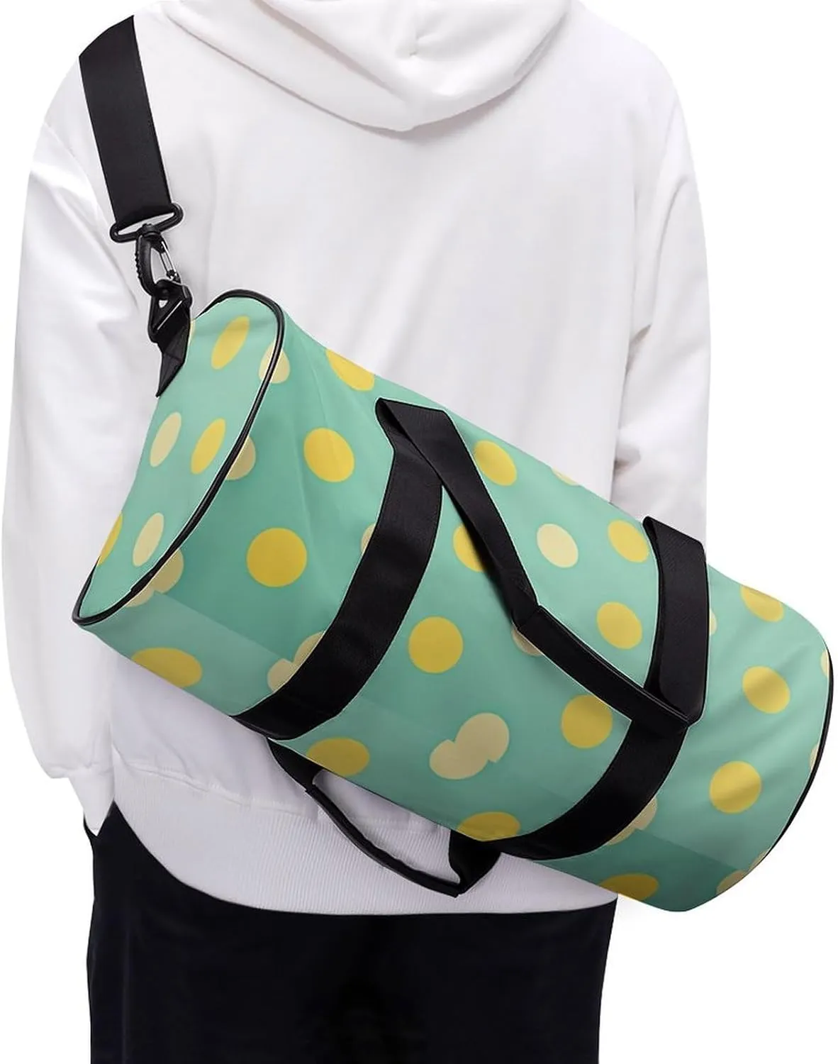 A Whimsical Polka Dot Wallpaper Travel Gym Bag for Women Men Mint Green And Lemon Yellow Cylindrical Duffle Bag Sport Workout Bag with Shoulder Strap