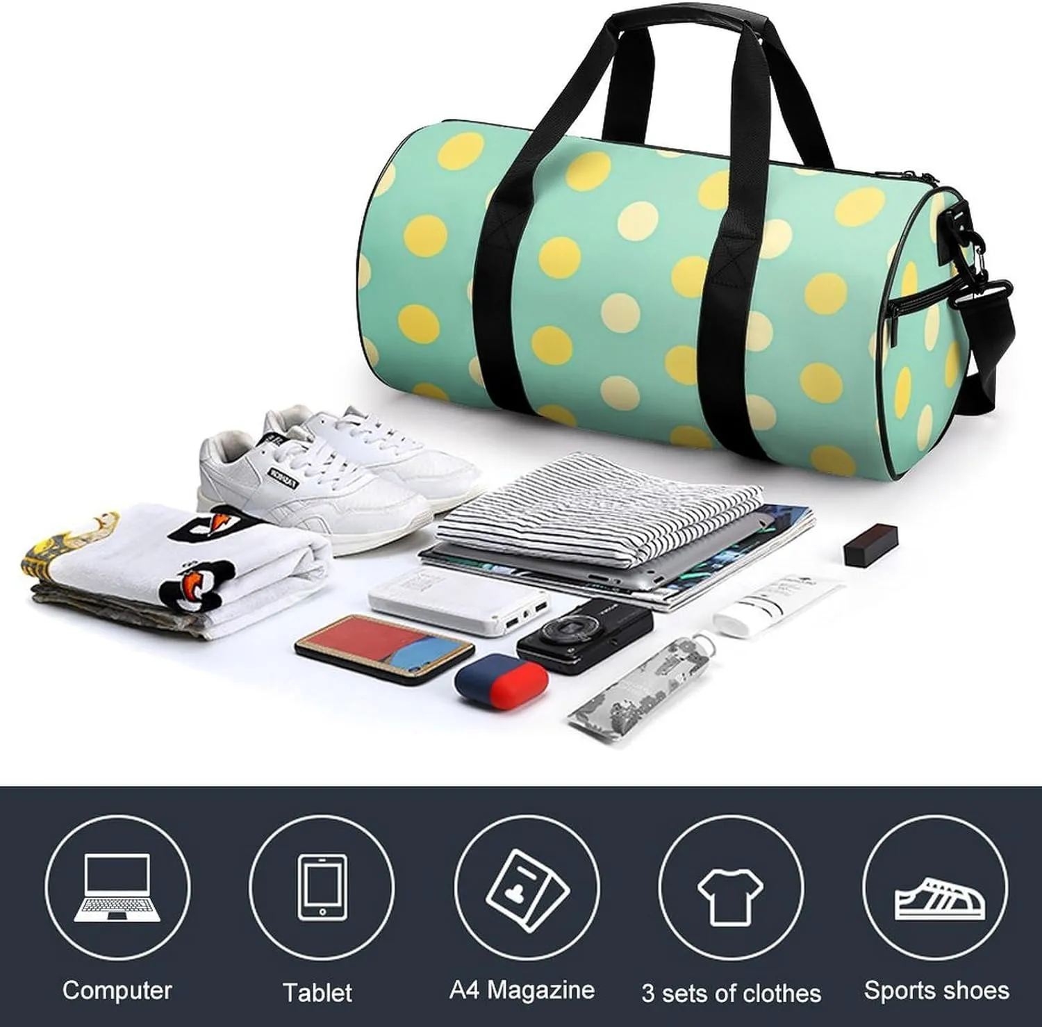 A Whimsical Polka Dot Wallpaper Travel Gym Bag for Women Men Mint Green And Lemon Yellow Cylindrical Duffle Bag Sport Workout Bag with Shoulder Strap