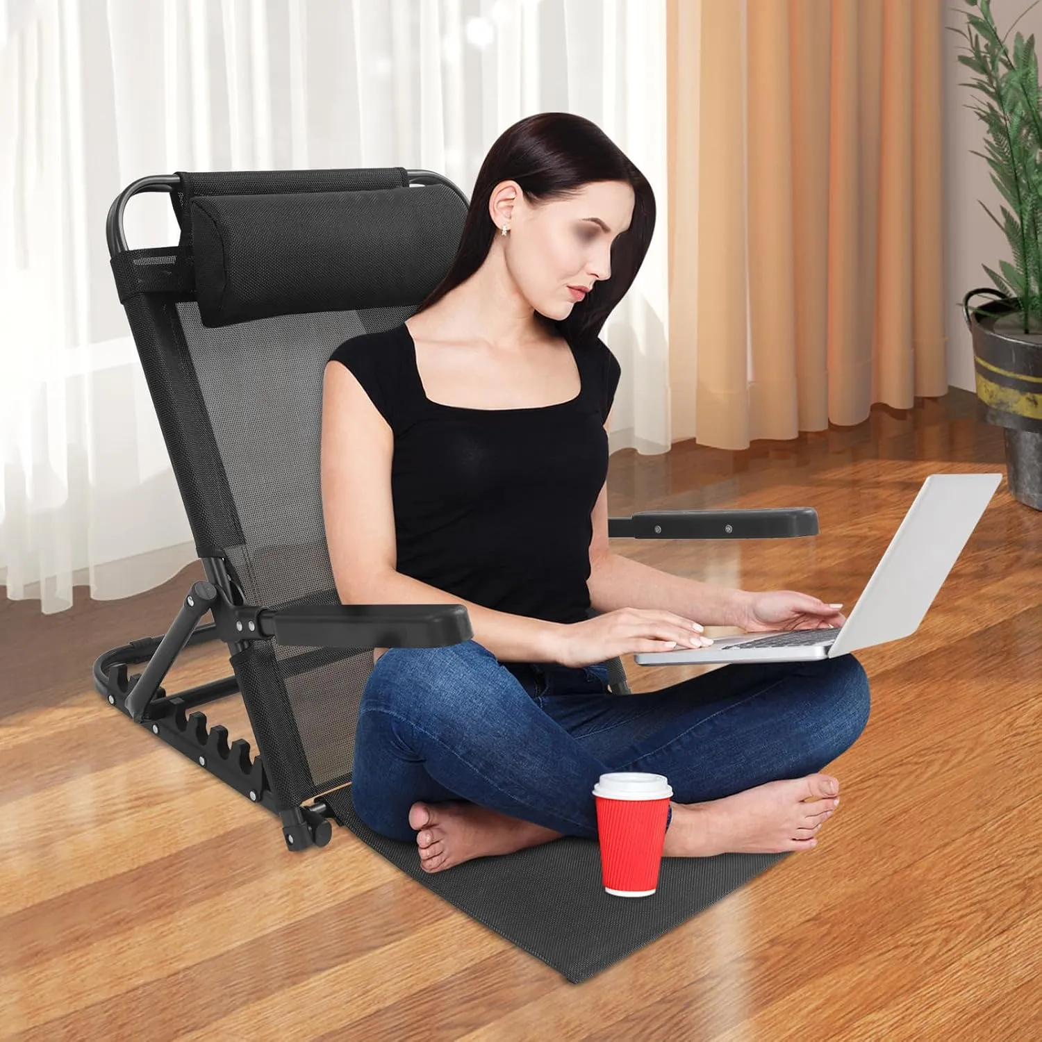 Adjustable Lifting Bed Backrest Support 220Lbs Large Folding Bed Rest Sitting up with Pillow and Armrest Change Angle Multifunction Portable Chair for Beach, Patient, Elderly (Black)