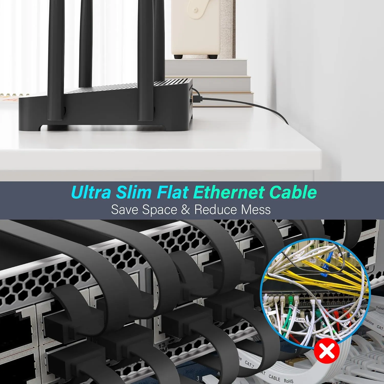 Adoreen Cat 7 Flat Ethernet Cable 0.6 Ft/10 Pack, High-Speed Shielded Internet Network Cable with Low Profile&Compact RJ45 Connector, Thin Slim Short Cat 6E 6A Patch Cord,S/FTP,POE,10Gbps 600MHZ,Black