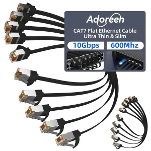 Adoreen Cat 7 Flat Ethernet Cable 0.6 Ft/10 Pack, High-Speed Shielded Internet Network Cable with Low Profile&Compact RJ45 Connector, Thin Slim Short Cat 6E 6A Patch Cord,S/FTP,POE,10Gbps 600MHZ,Black