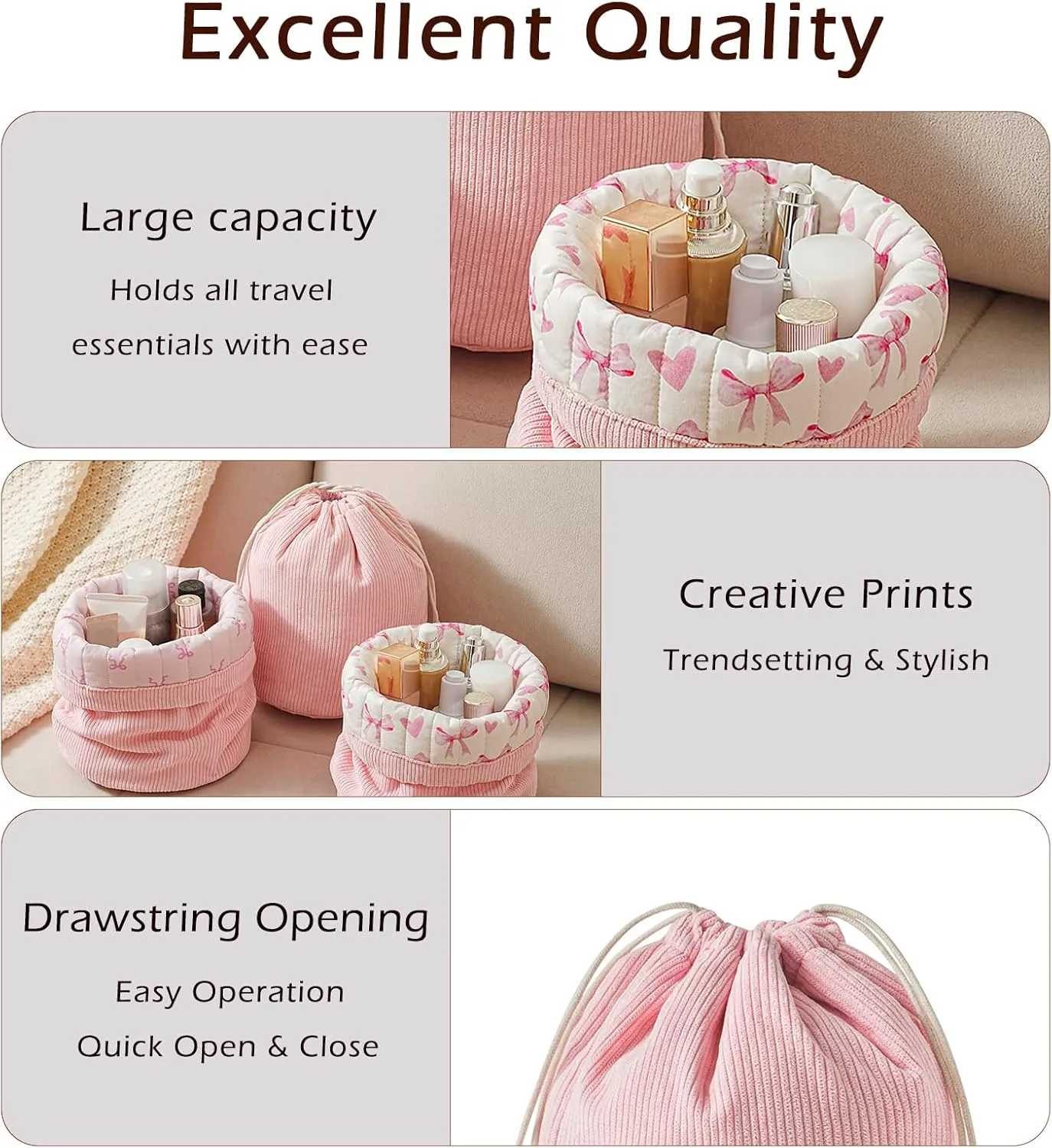 Aesthetic Corduroy Drawstring Makeup Bag with Quilted Lining, Coquette Quilted Cotton Cosmetic Bag, Portable Travel Organized Toiletry Bag for Women Girls（01Pink Heart Bow）