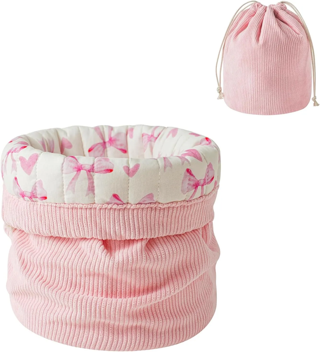 Aesthetic Corduroy Drawstring Makeup Bag with Quilted Lining, Coquette Quilted Cotton Cosmetic Bag, Portable Travel Organized Toiletry Bag for Women Girls（01Pink Heart Bow）