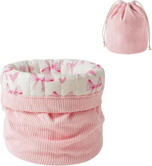 Aesthetic Corduroy Drawstring Makeup Bag with Quilted Lining, Coquette Quilted Cotton Cosmetic Bag, Portable Travel Organized Toiletry Bag for Women Girls（01Pink Heart Bow）