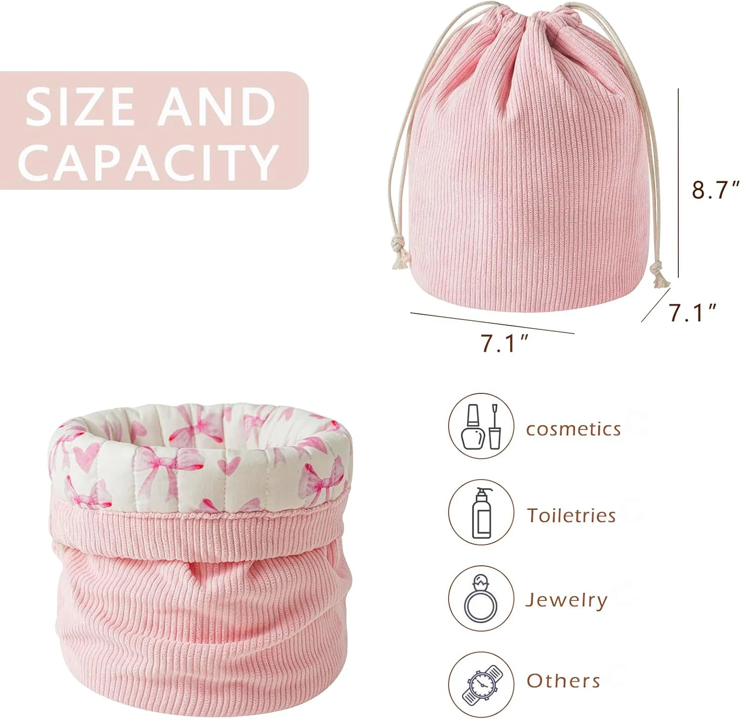 Aesthetic Corduroy Drawstring Makeup Bag with Quilted Lining, Coquette Quilted Cotton Cosmetic Bag, Portable Travel Organized Toiletry Bag for Women Girls（01Pink Heart Bow）