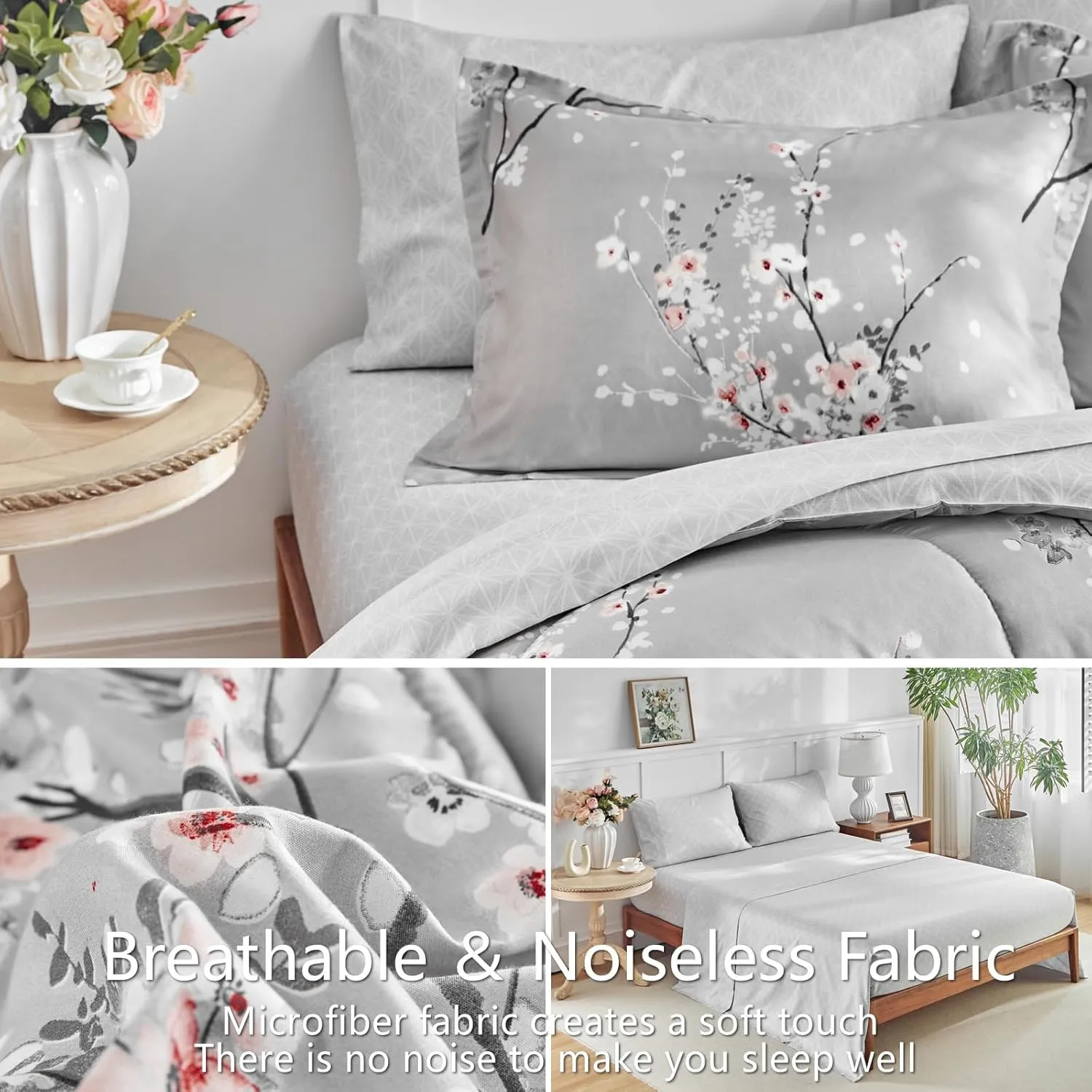 AIKASY Bed in a Bag 6 Pieces Twin Size - Floral Print - Soft Microfiber, Reversible Bed Comforter Set (1 Comforter, 2 Pillow Shams, 1 Flat Sheet, 1 Fitted Sheet, 1 Pillowcases)（Grey, Twin）
