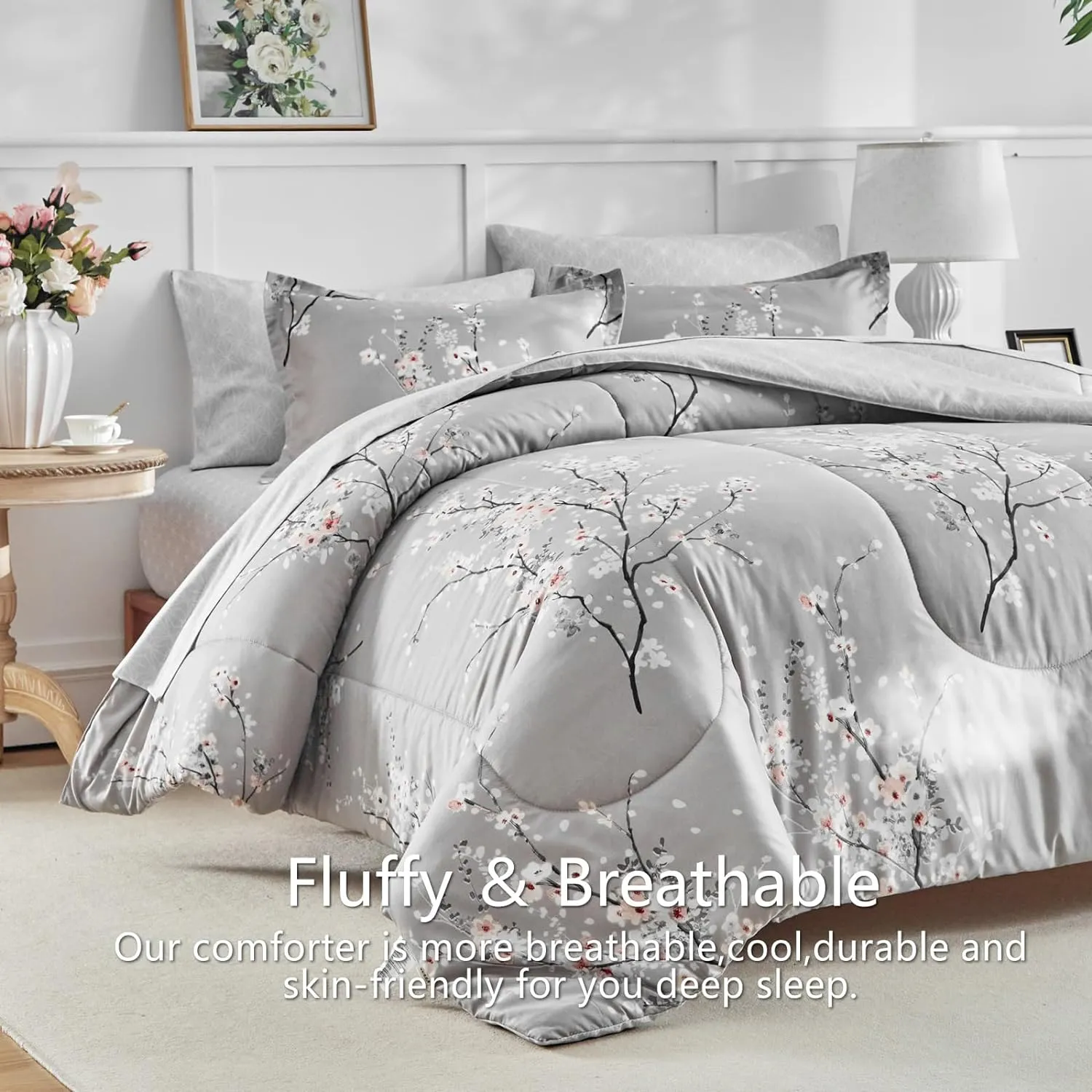 AIKASY Bed in a Bag 6 Pieces Twin Size - Floral Print - Soft Microfiber, Reversible Bed Comforter Set (1 Comforter, 2 Pillow Shams, 1 Flat Sheet, 1 Fitted Sheet, 1 Pillowcases)（Grey, Twin）