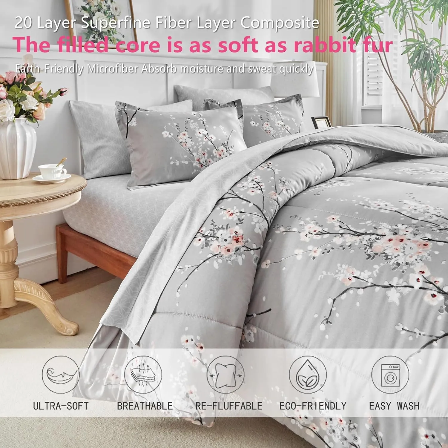 AIKASY Bed in a Bag 6 Pieces Twin Size - Floral Print - Soft Microfiber, Reversible Bed Comforter Set (1 Comforter, 2 Pillow Shams, 1 Flat Sheet, 1 Fitted Sheet, 1 Pillowcases)（Grey, Twin）