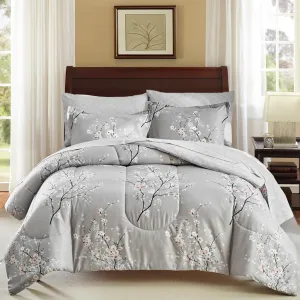 AIKASY Bed in a Bag 6 Pieces Twin Size - Floral Print - Soft Microfiber, Reversible Bed Comforter Set (1 Comforter, 2 Pillow Shams, 1 Flat Sheet, 1 Fitted Sheet, 1 Pillowcases)（Grey, Twin）
