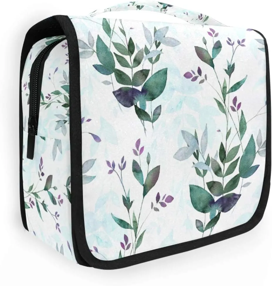 ALAZA Green Twigs with Leaves Hanging Toiletry Bag for Women Travel Cosmetics Bag Large Capacity Makeup Pouch with Hook Bathroom Storage Bag Waterproof