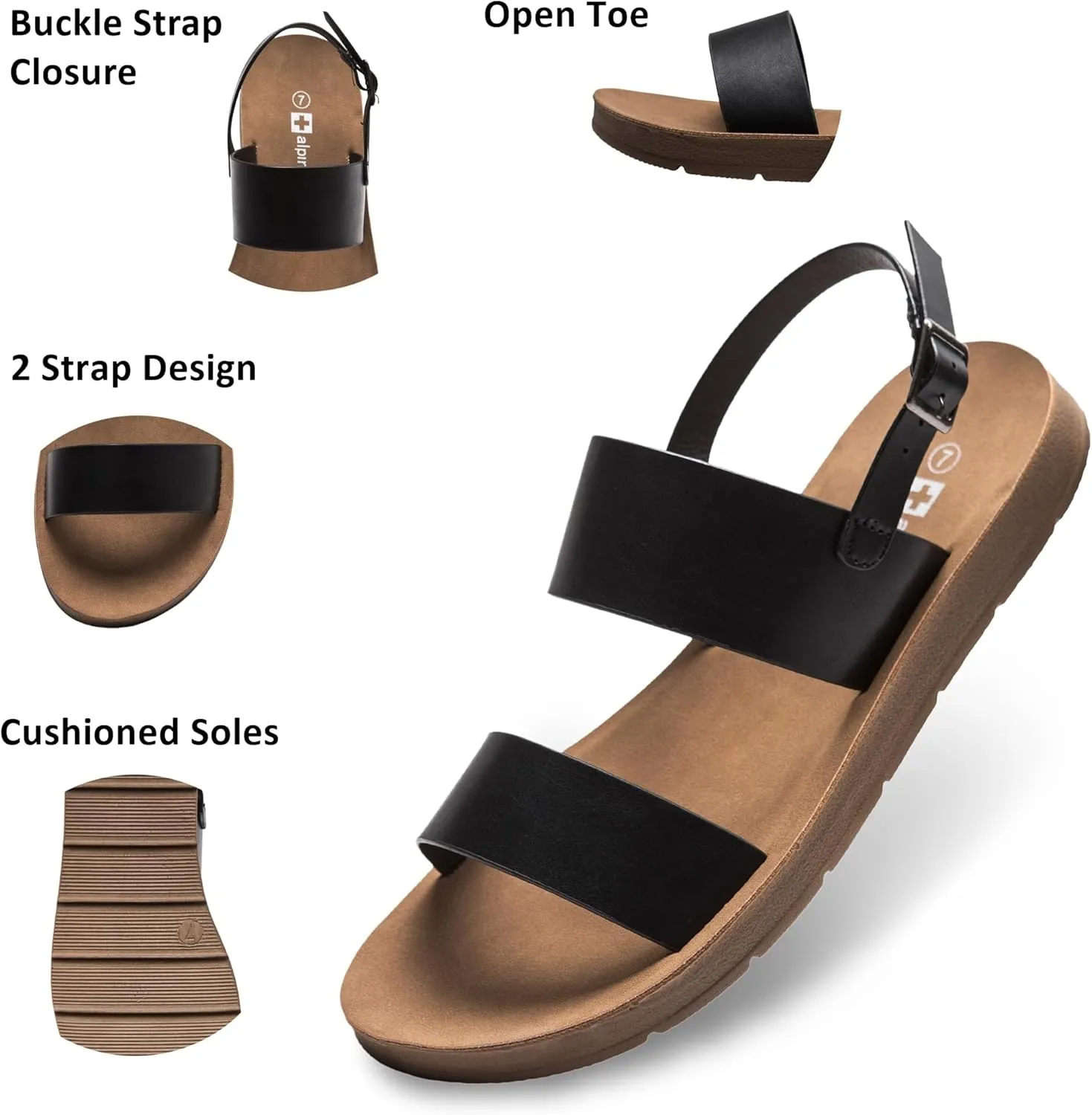 Alpine Swiss Beth Womens Sandals | Flat Two Strap Buckle Summer Shoes | Comfortable Everyday Footbed Slides | Casual Slip On Sandals for Women