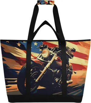 American Flag Motorcycle Reusable Insulated Cooler Bag with Ice Pack Compartment - Large 47L Waterproof Thermal Grocery Tote for Picnic Beach Camping Lunch Storage