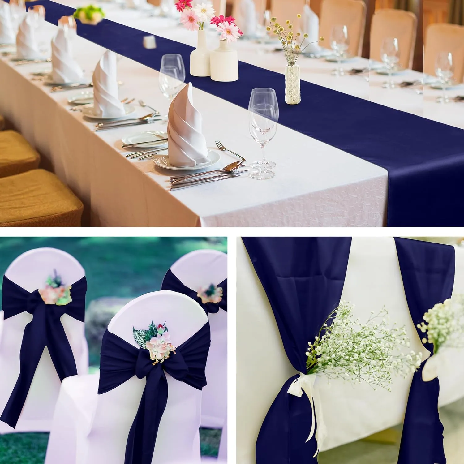 Aneco 12 Pack Satin Table Runner 12 x 108 Inch Navy Blue Long Wedding Satin Silk Table Runner for Wedding Banquet Graduations Birthday Party Decoration