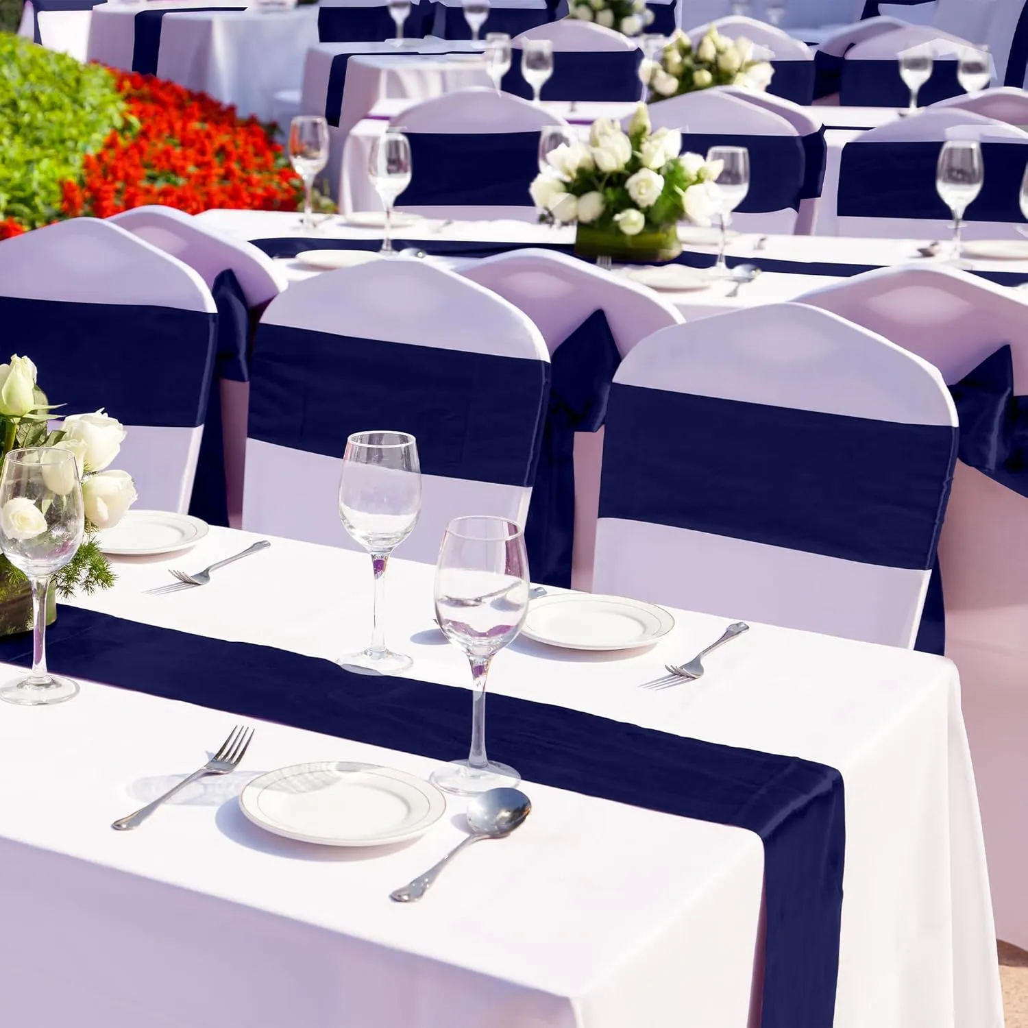 Aneco 12 Pack Satin Table Runner 12 x 108 Inch Navy Blue Long Wedding Satin Silk Table Runner for Wedding Banquet Graduations Birthday Party Decoration