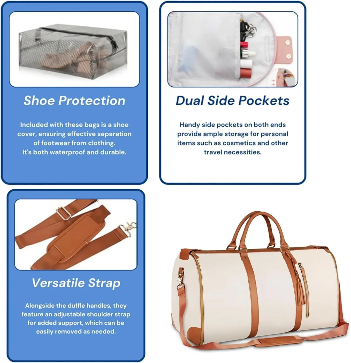 Anna Finds Travel Bag, Annafinds Foldable Travel Bag Carry On, 2 In 1 Convertible Large Pu Leather Waterproof Duffle Bag With Wheels (Blue)