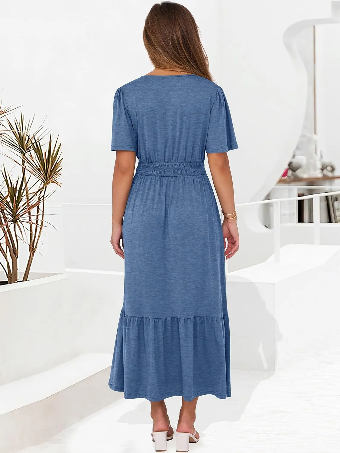 ANRABESS Women's Summer Short Sleeve Maxi Dress 2025 Casual V Neck High Waist A-Line Flowy Loose Tiered Boho Long Dresses