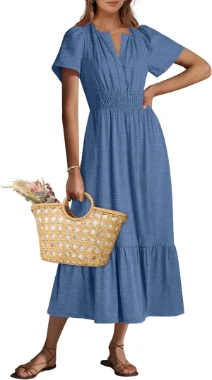 ANRABESS Women's Summer Short Sleeve Maxi Dress 2025 Casual V Neck High Waist A-Line Flowy Loose Tiered Boho Long Dresses