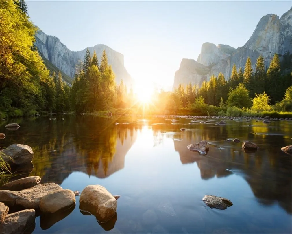 AOFOTO 10x8ft Nature Mountain Forest Backdrop Valley Sunrise Landscape Photography Background Pine Tree River Natural Park Lake Scenic Outdoor Hiking Camping Vinyl Wallpaper Portrait Photoshoot Prop