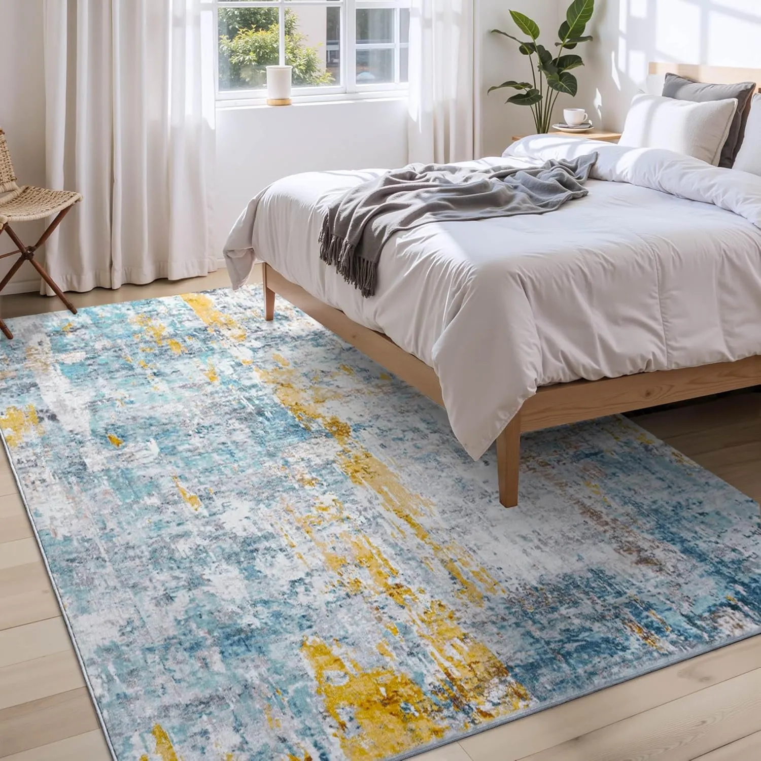 Area Rug 4x6 Blue Rug Washable Boho Rugs Non Slip Low Pile Abstract Small Carpet for Entryway, Bedroom, Kitchen, Classroom, Kids Room, Office, Dorm, Dining Room