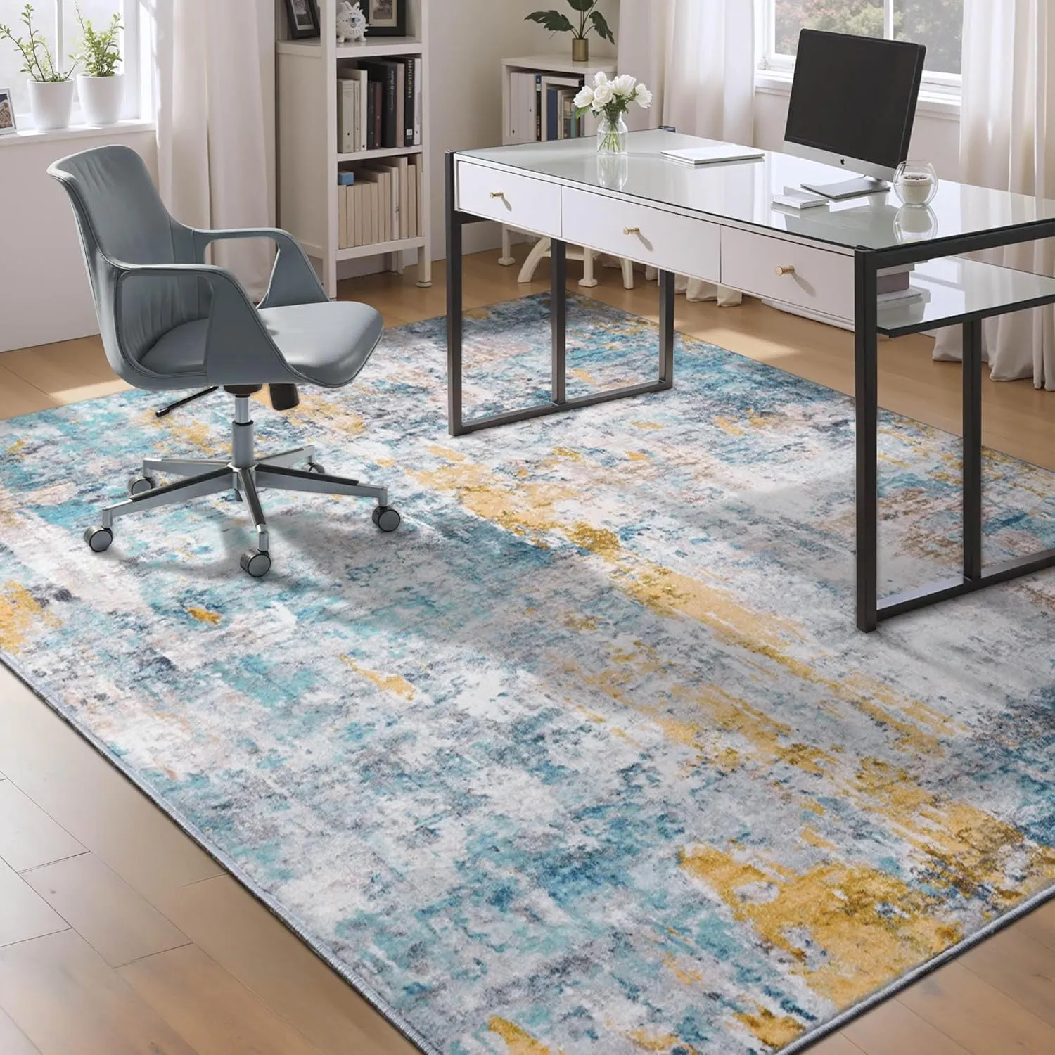 Area Rug 4x6 Blue Rug Washable Boho Rugs Non Slip Low Pile Abstract Small Carpet for Entryway, Bedroom, Kitchen, Classroom, Kids Room, Office, Dorm, Dining Room