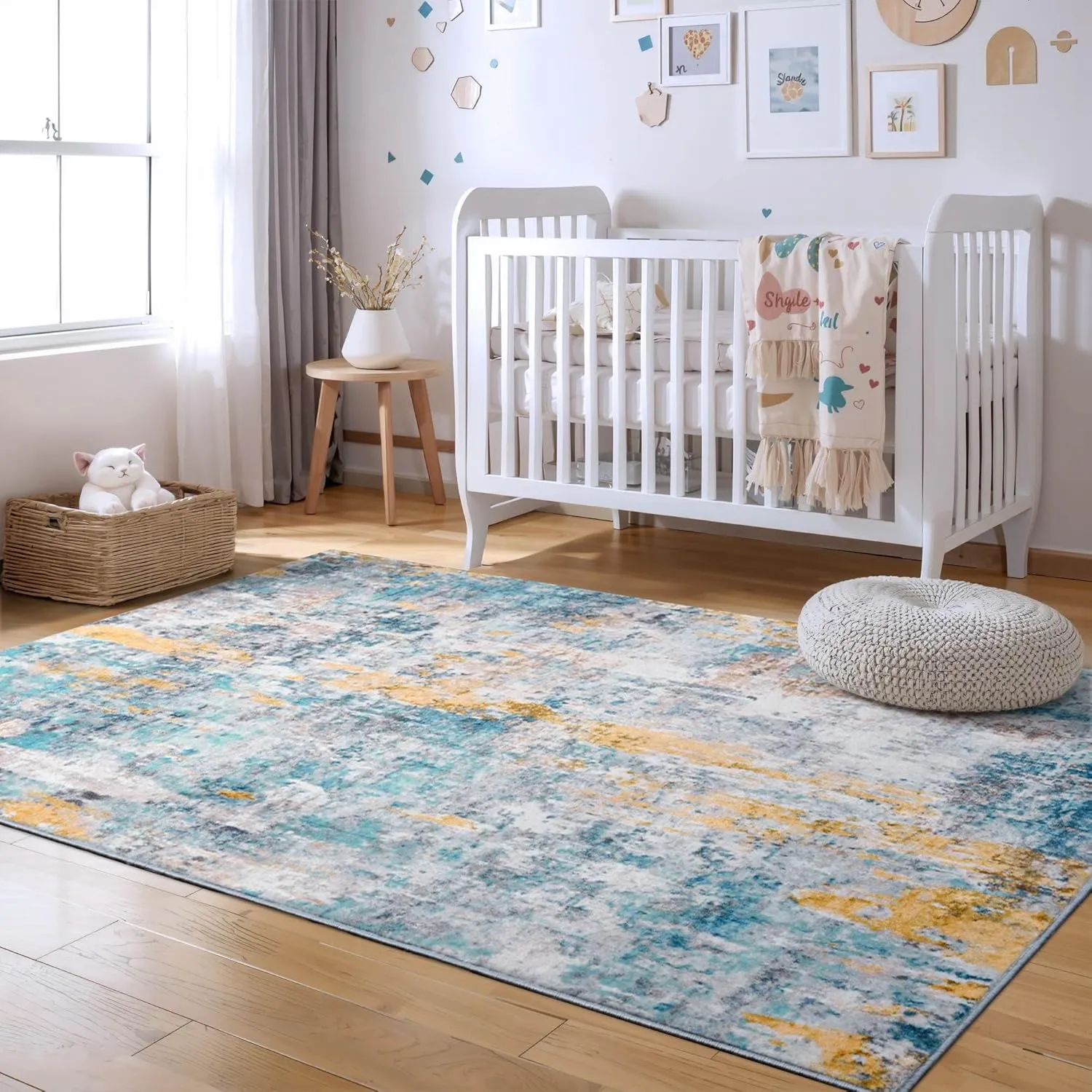 Area Rug 4x6 Blue Rug Washable Boho Rugs Non Slip Low Pile Abstract Small Carpet for Entryway, Bedroom, Kitchen, Classroom, Kids Room, Office, Dorm, Dining Room