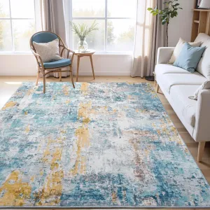 Area Rug 4x6 Blue Rug Washable Boho Rugs Non Slip Low Pile Abstract Small Carpet for Entryway, Bedroom, Kitchen, Classroom, Kids Room, Office, Dorm, Dining Room