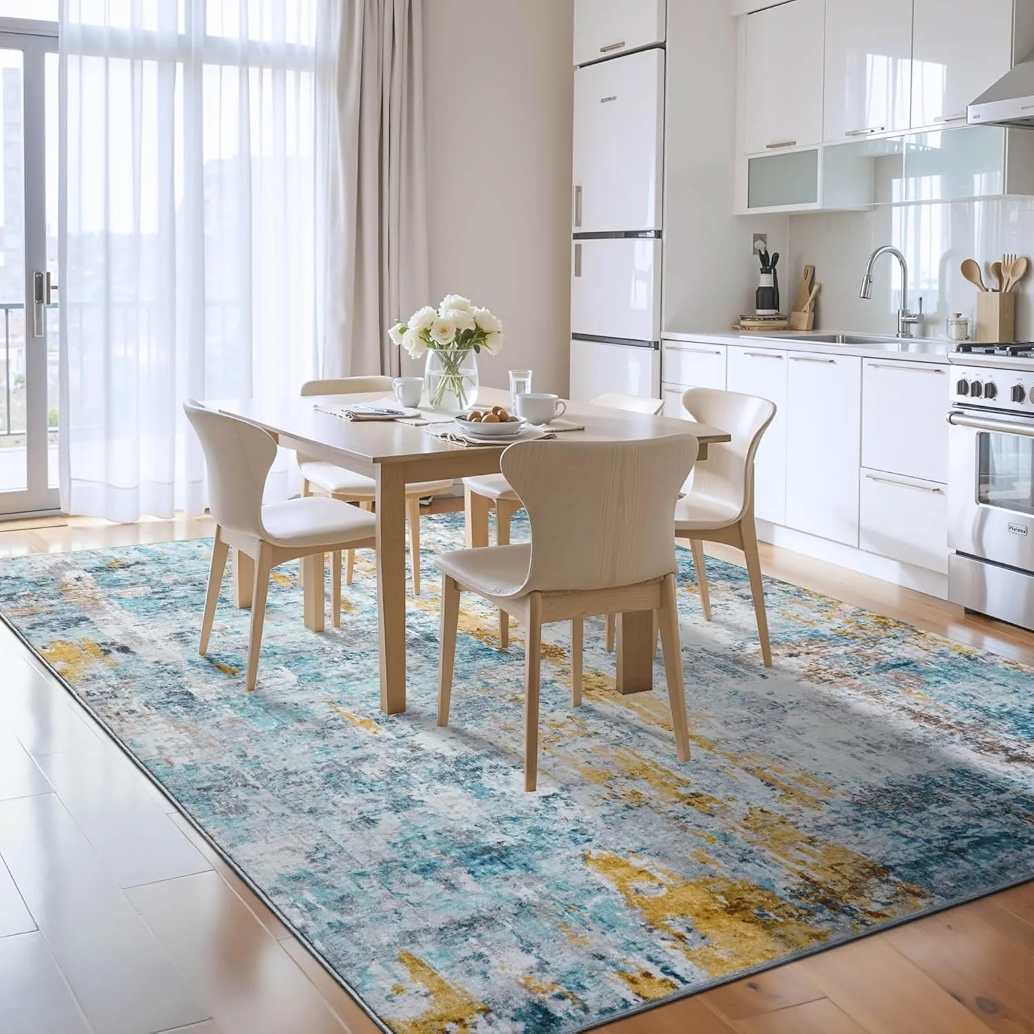 Area Rug 4x6 Blue Rug Washable Boho Rugs Non Slip Low Pile Abstract Small Carpet for Entryway, Bedroom, Kitchen, Classroom, Kids Room, Office, Dorm, Dining Room
