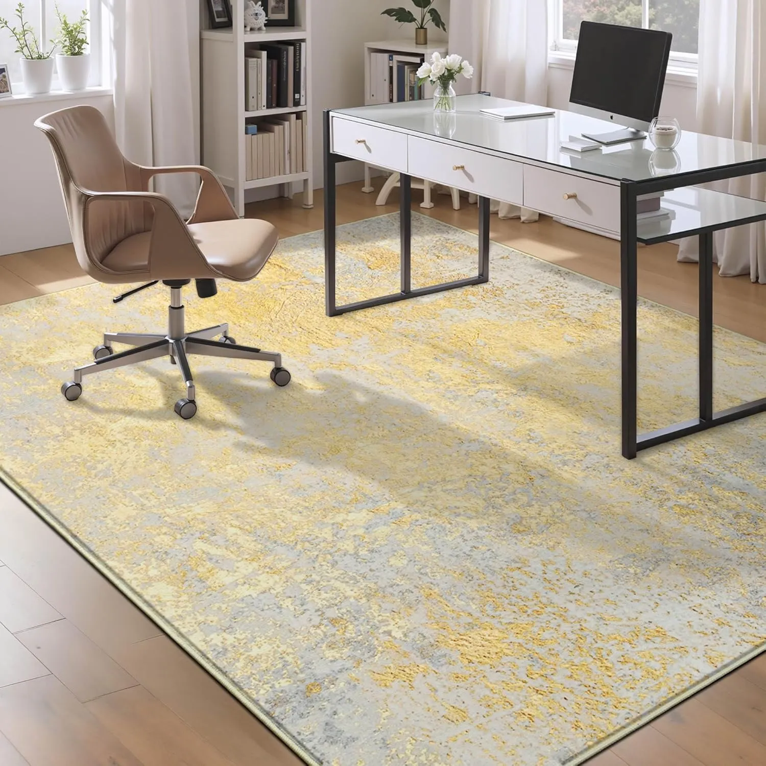 Area Rug 4x6 Rug Washable Boho Rugs Non Slip Low Pile Abstract Small Carpet for Entryway, Bedroom, Kitchen, Classroom, Kids Room, Office, Dorm, Dining Room (Orange, Silver & Gray)