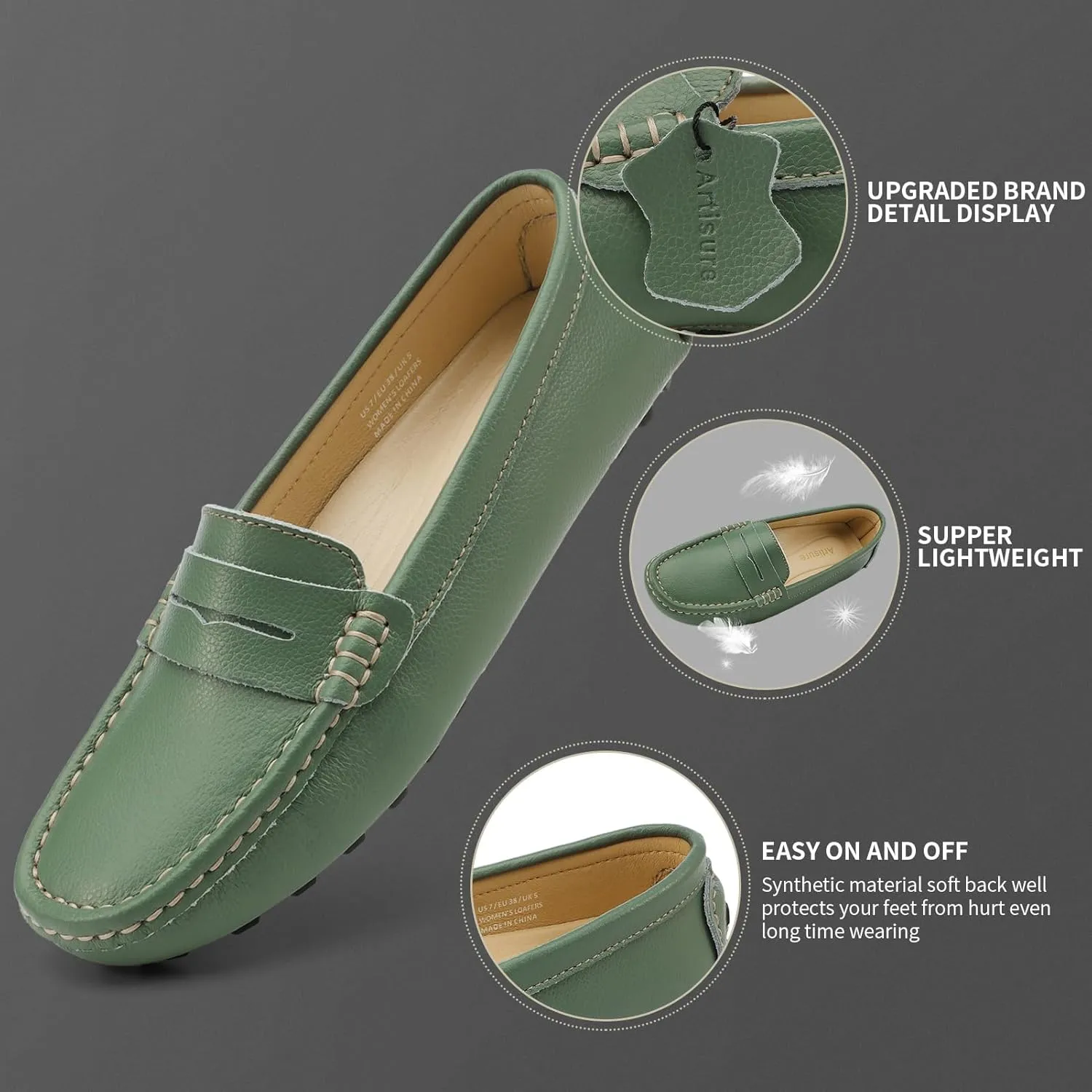 Artisure Women's Classic Comfort Leather Penny Loafers Casual Slip-Ons Lightweight Walking Flats Driving Mocs Boat Shoes