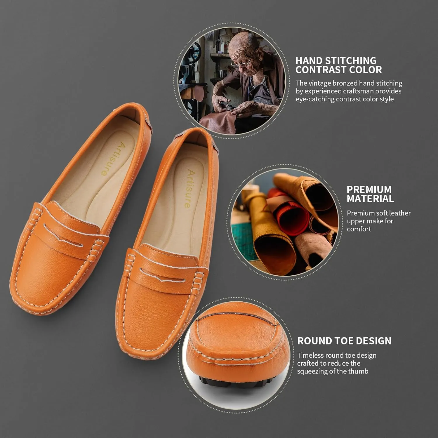 Artisure Women's Classic Comfort Leather Penny Loafers Casual Slip-Ons Lightweight Walking Flats Driving Mocs Boat Shoes